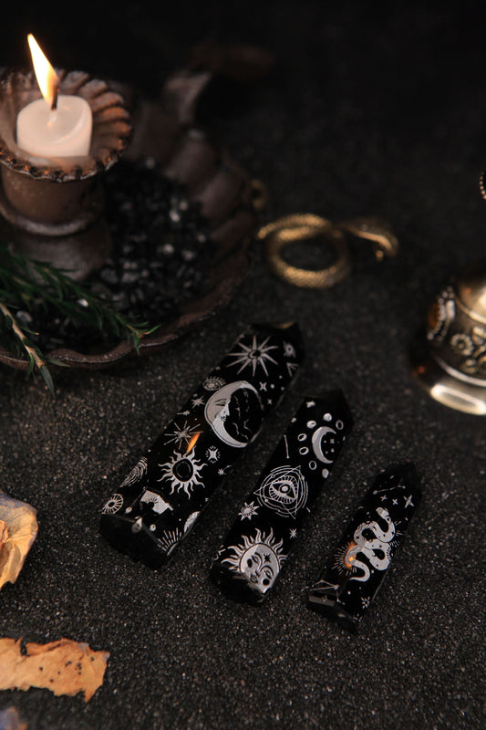 Witch’s Silver Zodiac Obsidian Tower for Celestial Protection & Magickal Insight