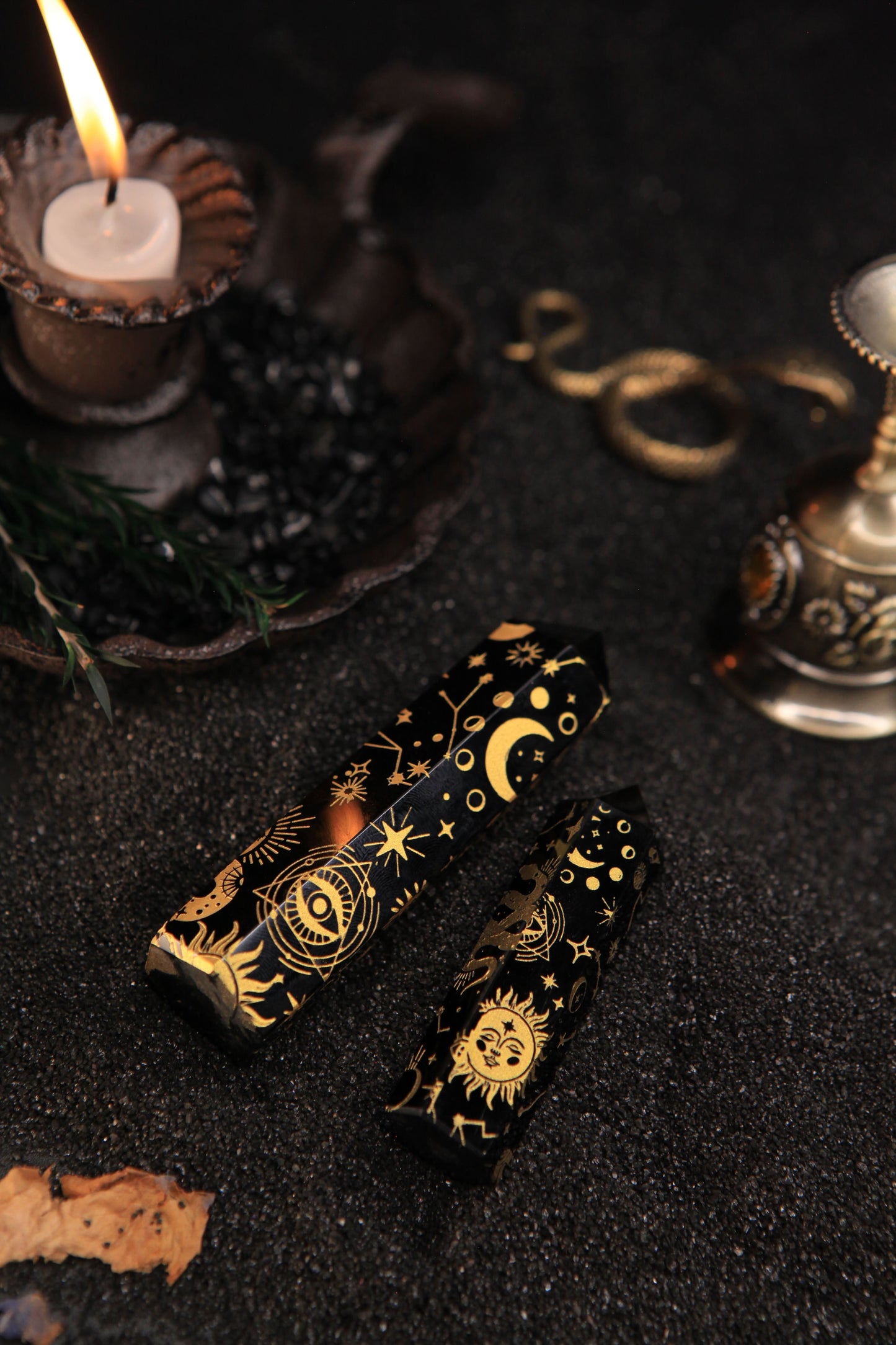Witch’s Golden Zodiac Obsidian Tower for Mystical Protection & Cosmic Connection