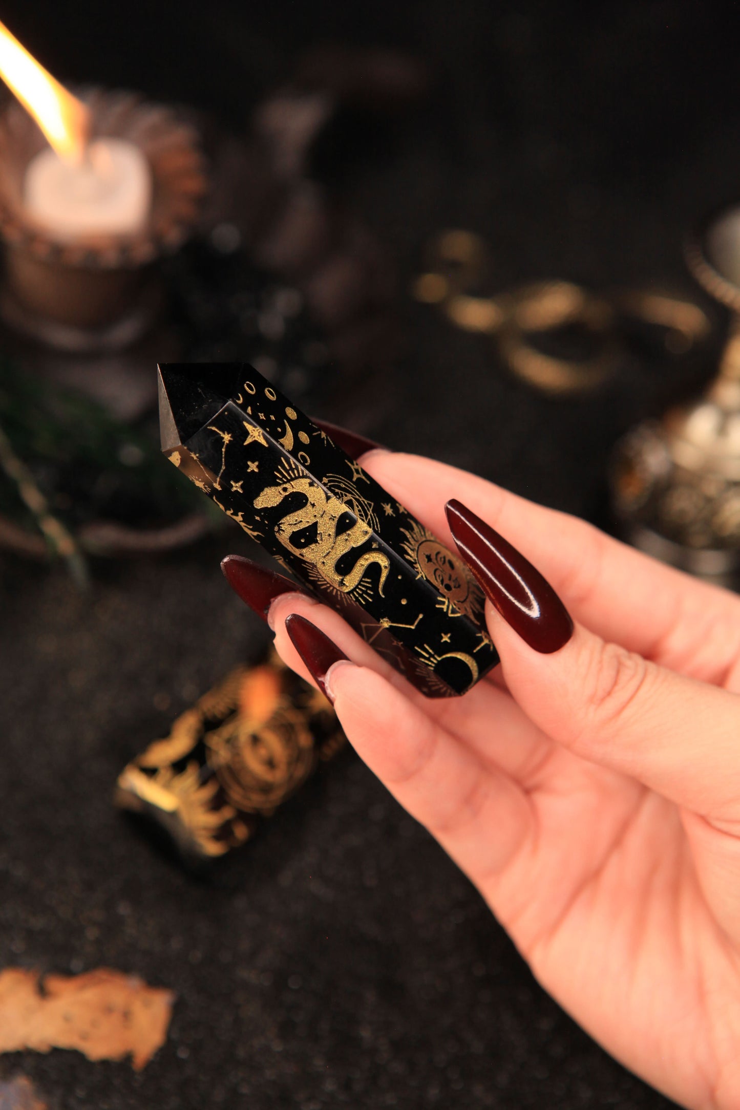 Witch’s Golden Zodiac Obsidian Tower for Mystical Protection & Cosmic Connection