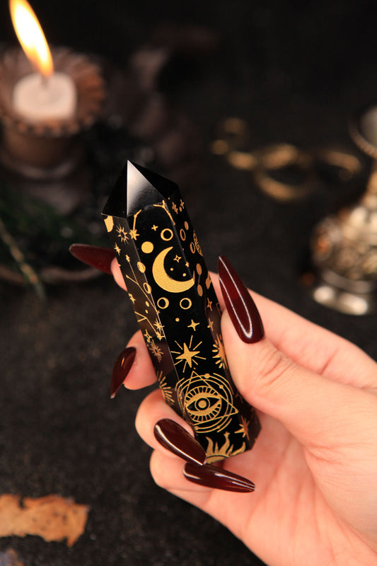 Witch’s Golden Zodiac Obsidian Tower for Mystical Protection & Cosmic Connection