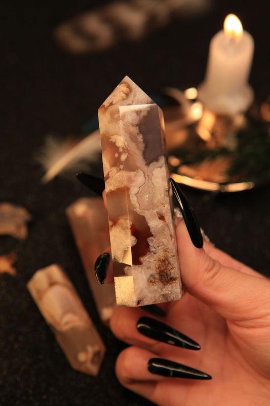 Blossoming Sakura Agate Tower for Serenity & New Beginnings