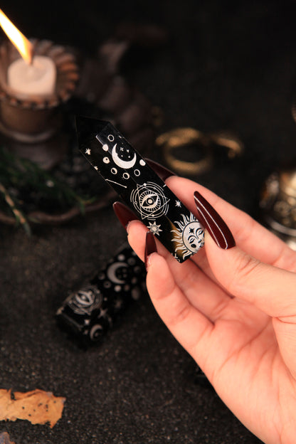 Witch’s Silver Zodiac Obsidian Tower for Celestial Protection & Magickal Insight