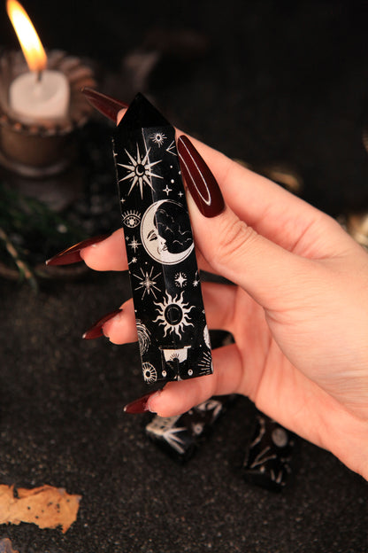 Witch’s Silver Zodiac Obsidian Tower for Celestial Protection & Magickal Insight